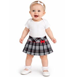 BeeBay Baby Girl Plaid Pleated Skirt 6-9M Black Pink Adjustable Waist Bow